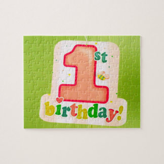 Orange 1st Birthday Tag on Green Door Jigsaw Puzzle