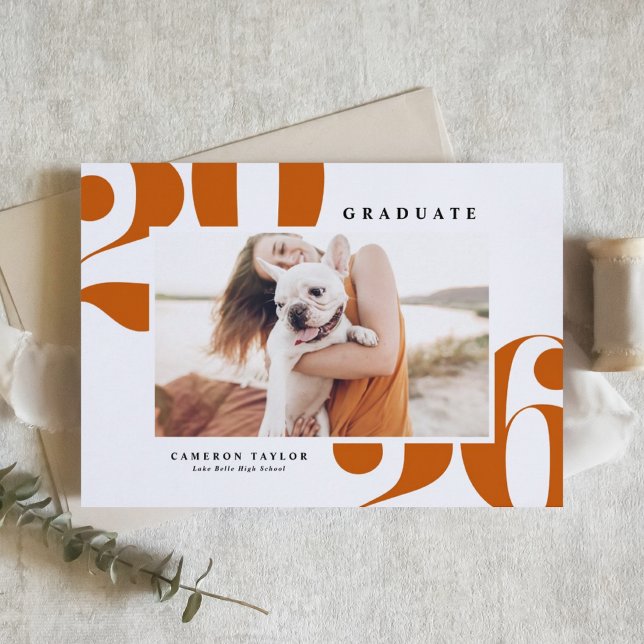 Orange 2025 Bold Typography Photo Graduation Invitation (Customizable burnt orange photo graduation invitation featuring retro bold typography. )