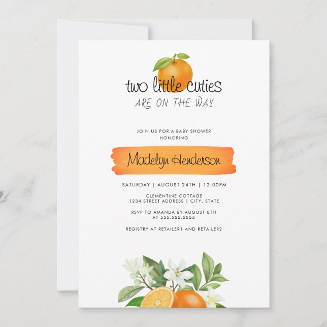 Orange 2 Little Cuties Twins Baby Shower Invitation (Front)