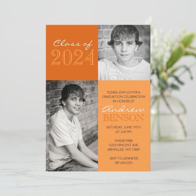 Orange 2 Toned Classic 2 Photo Graduation Invitation (Standing Front)