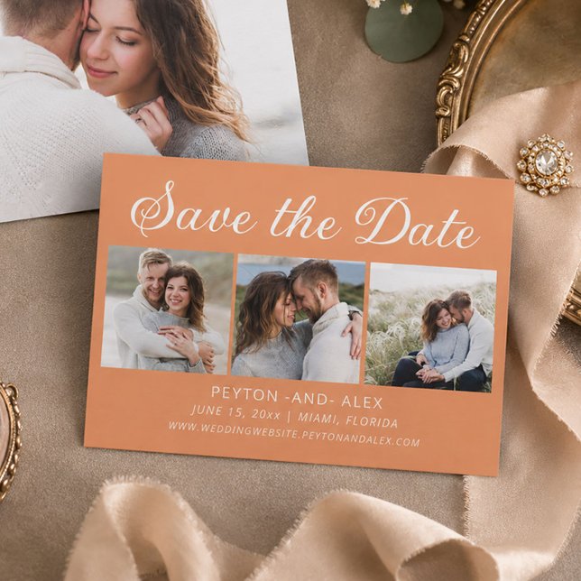 Orange 4-Photo 2-Sided Wedding Save Date  Save The Date (Oramge 3-photo wedding Save the Date card)