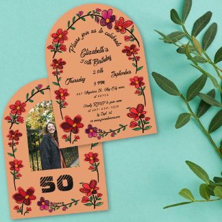 Orange 50th birthday Party Whimsical Doodle Flower Invitation