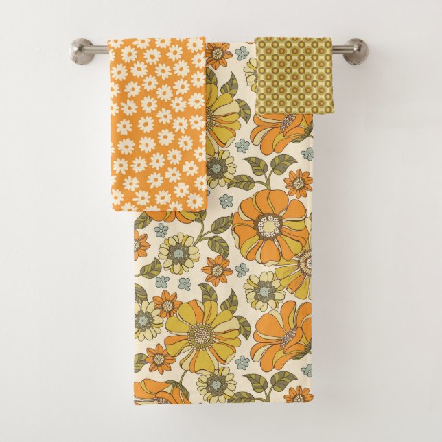 Orange 70's Retro Floral  Bath Towel Set (Insitu)