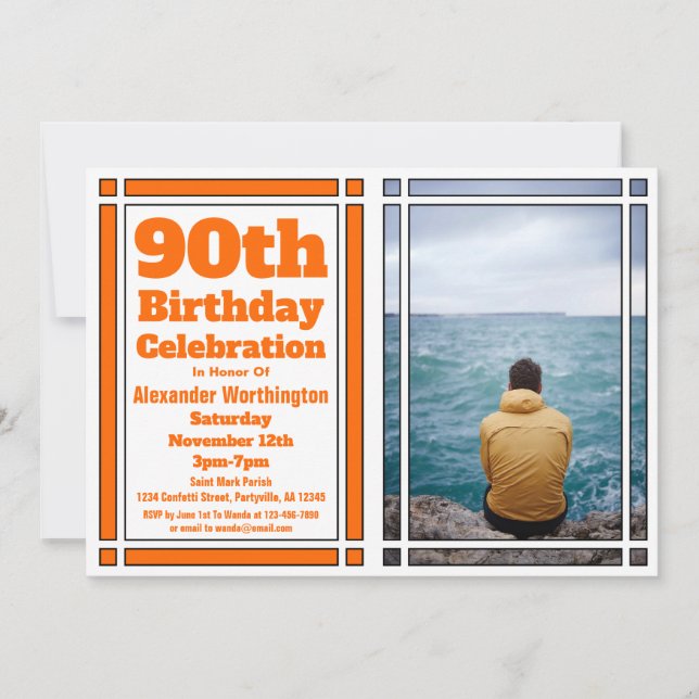 Orange 90th Photo Birthday Invitation (Front)