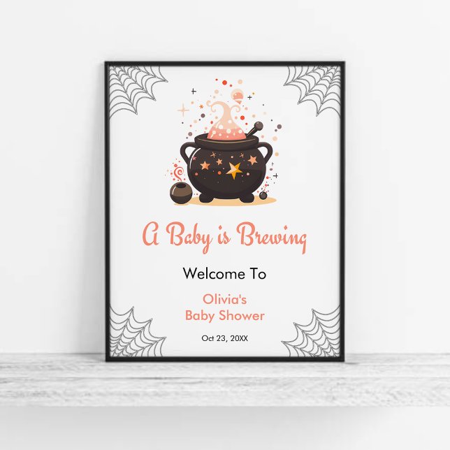 Orange A Baby is Brewing Baby Shower Welcome Poster (Orange A Baby is Brewing Cauldron Halloween Gender Neutral Baby Shower Welcome Sign  )