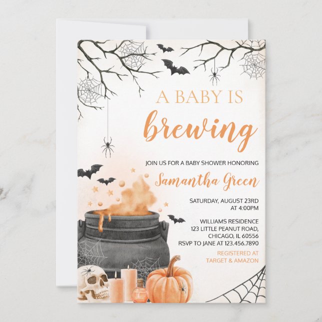 Orange A Baby is Brewing Halloween Baby Shower Invitation (Front)