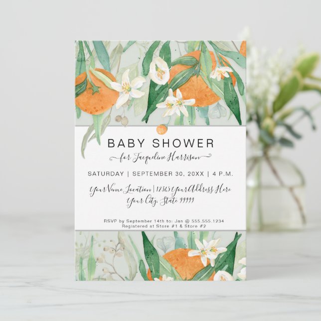 Orange a Little Cutie Watercolor Eucalyptus Shower Invitation (Standing Front)