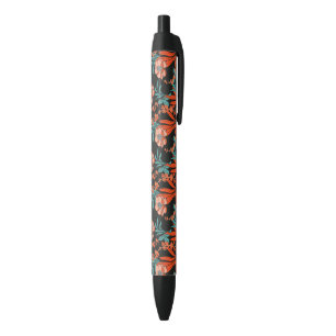 Orange Abstract Floral Pattern Black Ink Pen