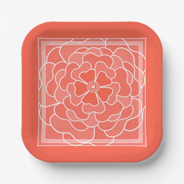 Orange abstract flower pattern paper plate (Front)