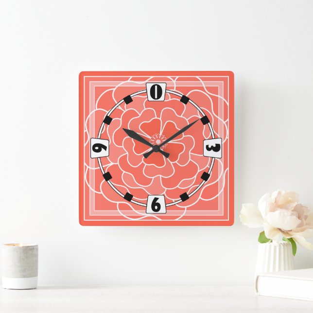 Orange abstract flower pattern square wall clock (Home)