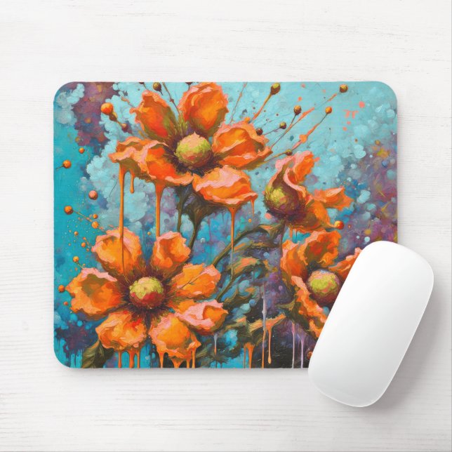 Orange Abstract Flower with Paint Drips Mouse Mat (With Mouse)