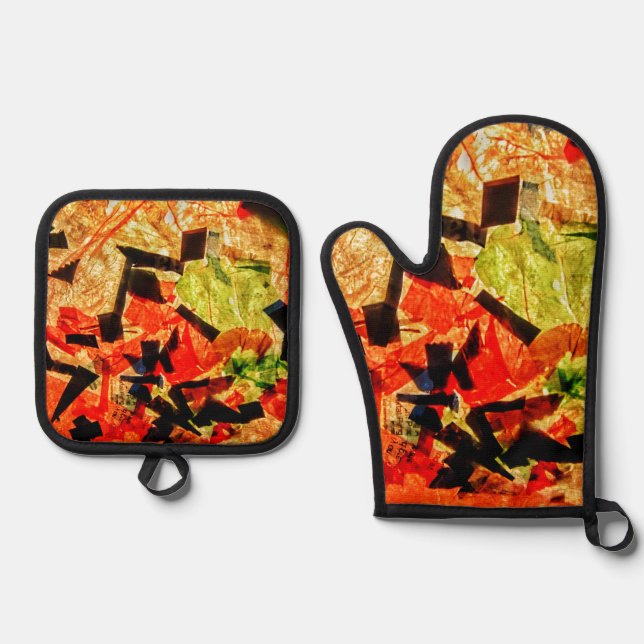 Orange abstract oven mitt and pot holders oven mitt & pot holder set (Front)