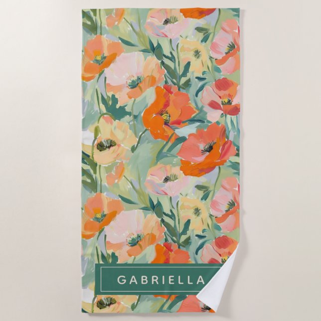 Orange Abstract Poppy Floral Personalised Beach Towel (Front)