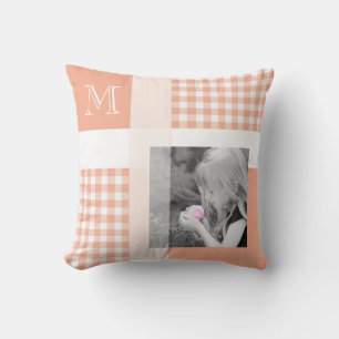 Orange Add Your Photo Gingham Modern Monogram Cushion