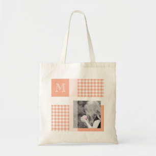 Orange Add Your Photo Gingham Modern Monogram Tote Bag