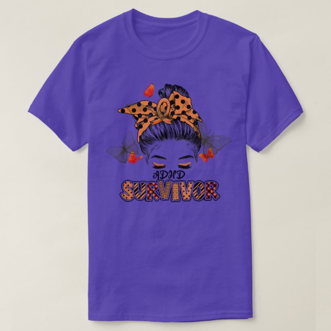 Orange ADHD Messy Bun Girl Survivor Believe Suppor T-Shirt (Design Front)