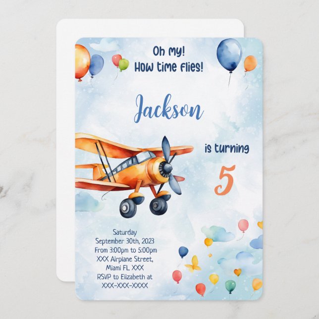 Orange Aeroplane Kids Birthday Party Invitation (Front/Back)