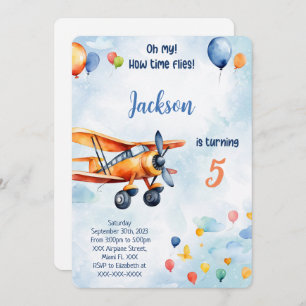 Orange Aeroplane Kids Birthday Party Invitation