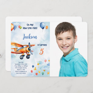 Orange Aeroplane Kids Birthday Party Photo Invitation