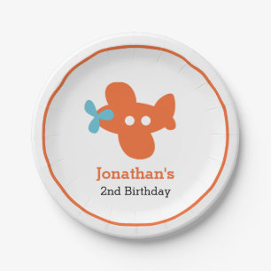 Orange Airplane Boy Birthday Personalized Paper Plate