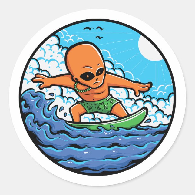 ORANGE ALIEN SURF CLASSIC ROUND STICKER (Front)