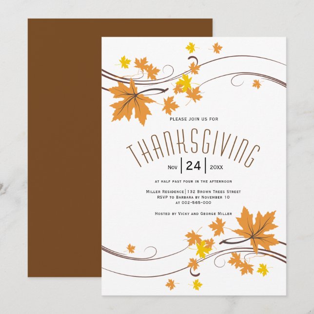 Orange amd brown maple leaves fall Thanksgiving Invitation (Front/Back)