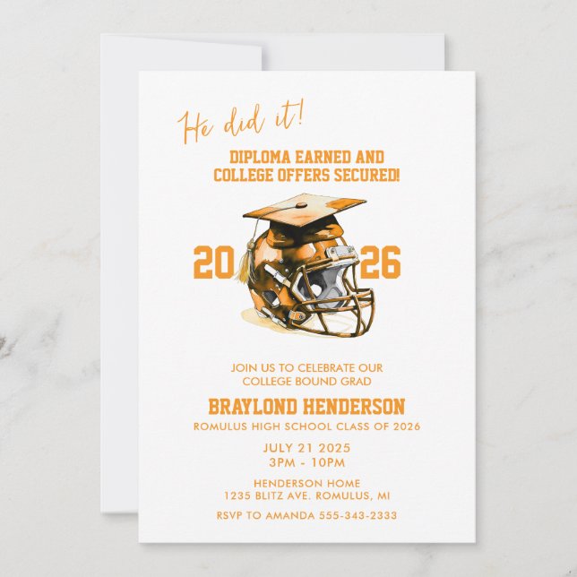 Orange American Football Graduation Party Invitation (Front)