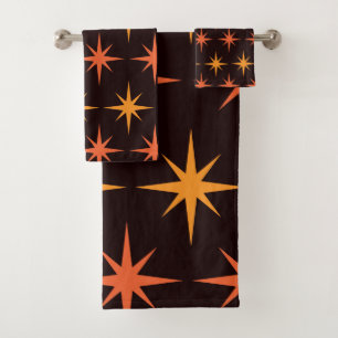 Orange and Amber Starburst Mid Century Modern  Bath Towel Set