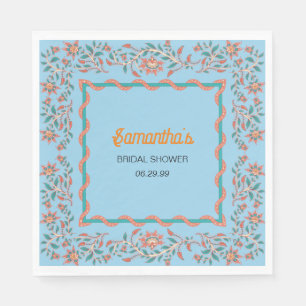 Orange and Aqua Blue Floral Bridal Shower Napkin