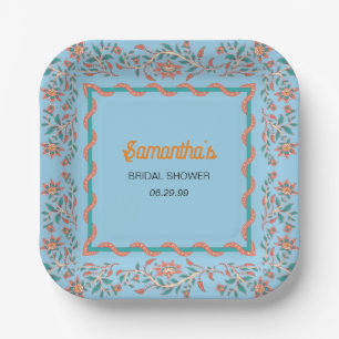 Orange and Aqua Blue Floral Bridal Shower Paper Plate
