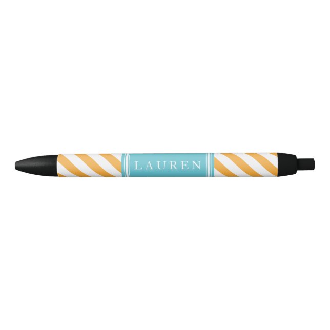 Orange and Aqua Stripes Pattern Black Ink Pen (Front)