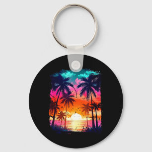 Orange and Aqua Sunset with Silhouetted Palm a Key Ring