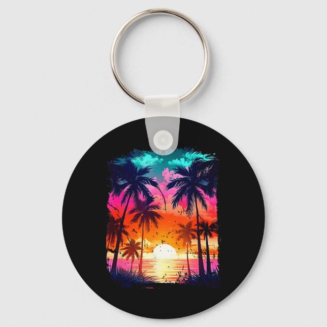 Orange and Aqua Sunset with Silhouetted Palm a Key Ring (Front)