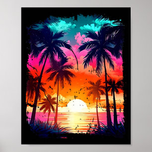 Orange and Aqua Sunset with Silhouetted Palm a Poster