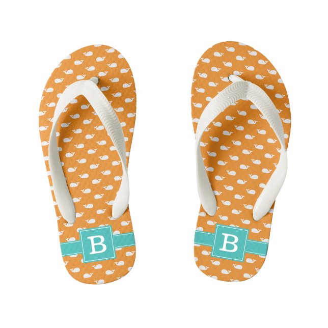 Orange and Aqua Whales Square Monogram Kid's Flip Flops (Footbed)