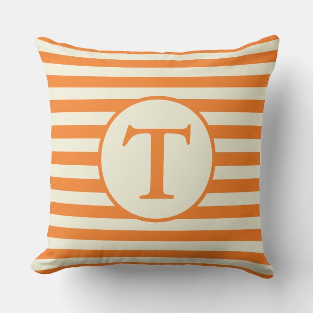 Orange and Beige Striped Monogram Pillow (Front)
