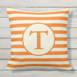 Orange and Beige Striped Monogram Pillow