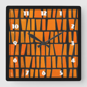 Orange and black african tribal pattern square wall clock