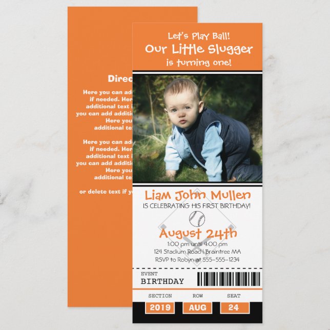 Orange and Black Baseball Birthday Ticket Invitation (Front/Back)