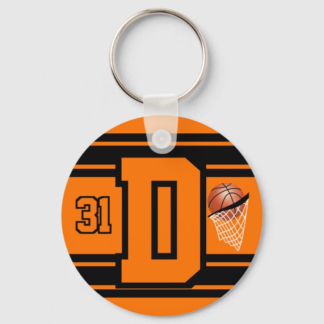 Orange and Black Basketball Letter and Number Key Ring (Front)