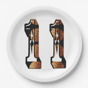 Orange And Black Basketball Number 11, Paper Plate