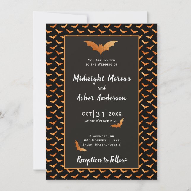 Orange and Black Bat Halloween Wedding Invitation (Front)