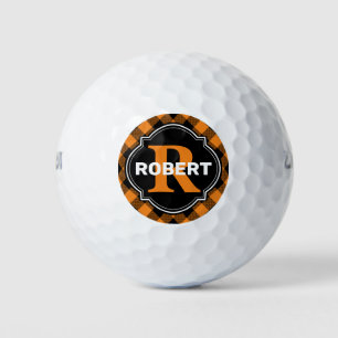 Orange and Black Buffalo Plaid Name Monogram Golf Balls
