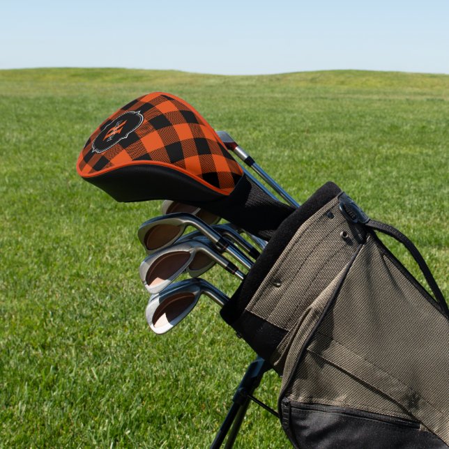 Orange and Black Buffalo Plaid Name Monogram Golf Head Cover (In Situ)