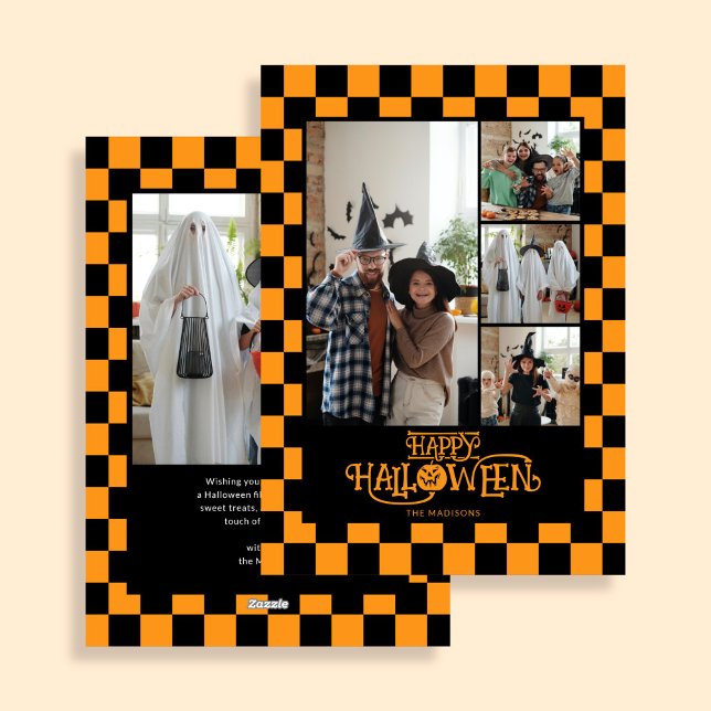 Orange and Black Checkered 5 Photo Halloween Holiday Card (Creator Uploaded)
