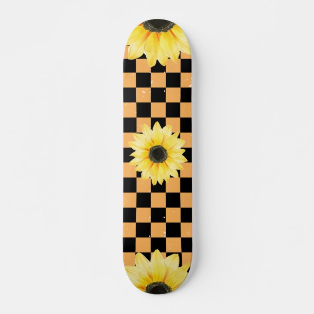 orange and black Chequered & Sunflower  Skateboard (Front)