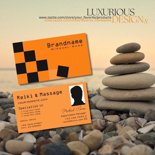 Orange and Black Chessboard Modern with Photo Chic Business Card (Creator Uploaded)
