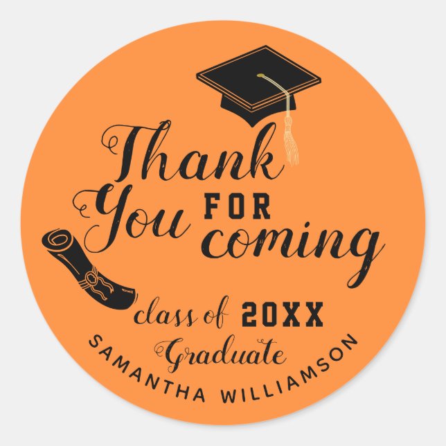 Orange and Black Class of 2025 Graduate Thank You Classic Round Sticker (Front)