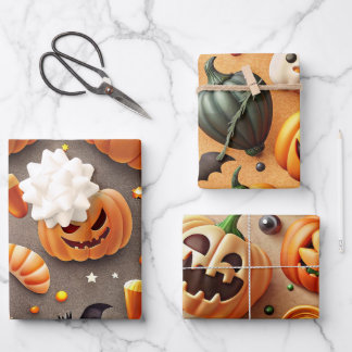 ORANGE AND BLACK COLORFUL HALLOWEEN CANDIES WRAPPING PAPER SHEET