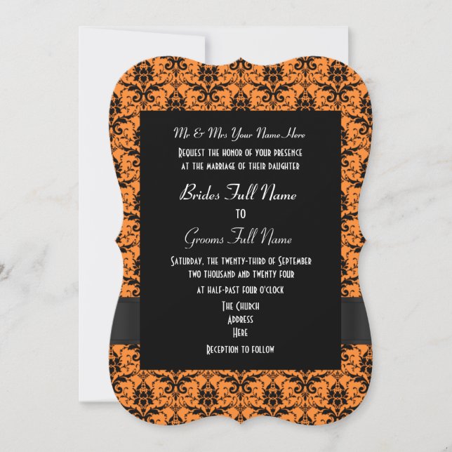 Orange and black damask formal wedding invitation (Front)